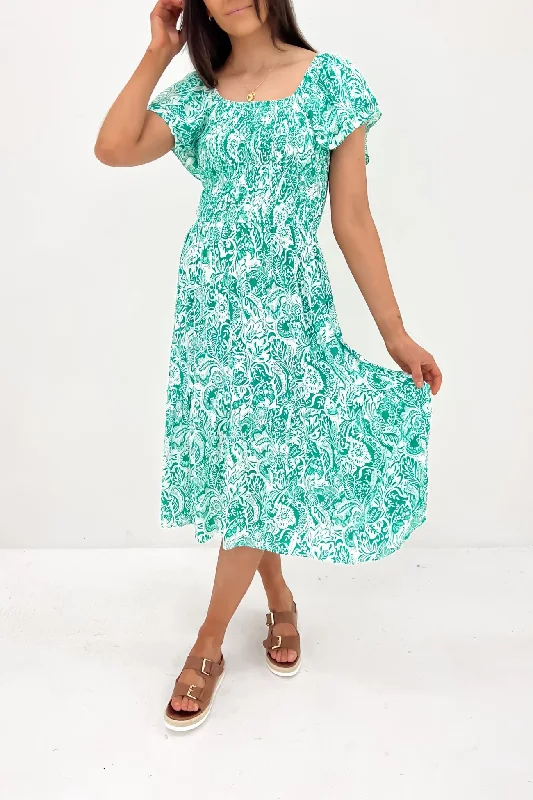 Tillee Midi Dress Green White Casual A-line Skirt