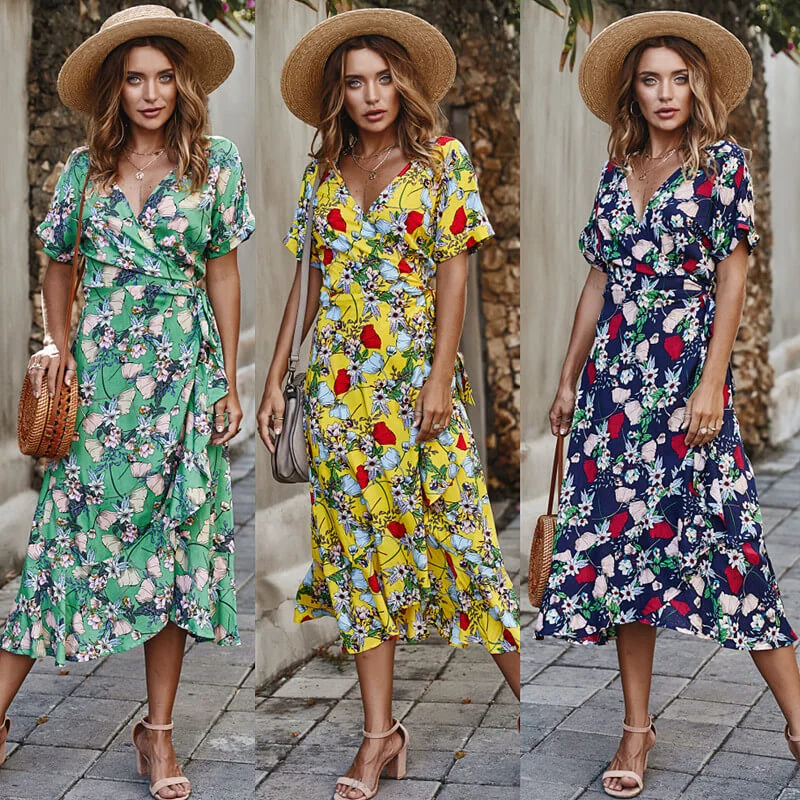 V Neck Floral Beach Midi Wrap Dress Midi Skirt Trend