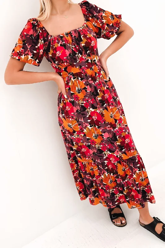 Yasmin Frill Hem Midi Dress Berry Floral Printed Satin Midi